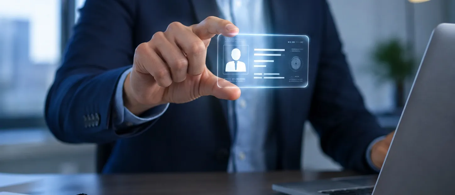 A person in a dark suit at a desk, holding up a translucent glowing identity card beside an open laptop.