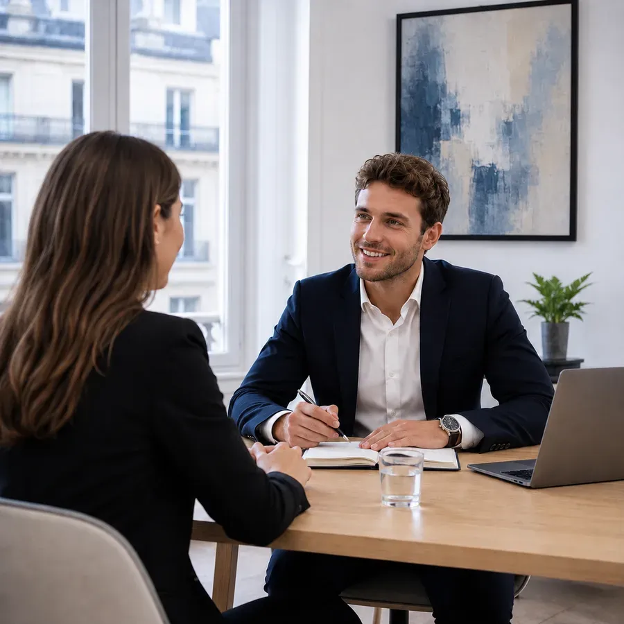 Placeholder: a first meeting across a table.