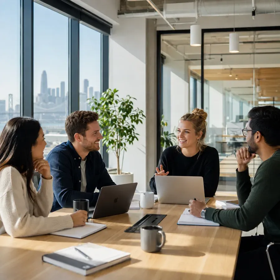 Placeholder: partners talking around a meeting table.